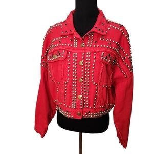 SALT Red Crop Denim Bejeweled‎ and Studded Raw Edged Jacket  Size Medium
